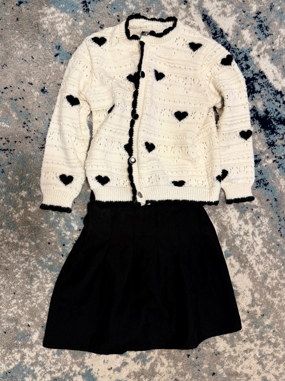 Girls White and Black Heart Cardigan with Black Pleated Skirt - size 10